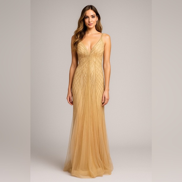 NWT CECILIA COUTURE Beaded Gown 1414 Champagne 4 - Picture 1 of 12